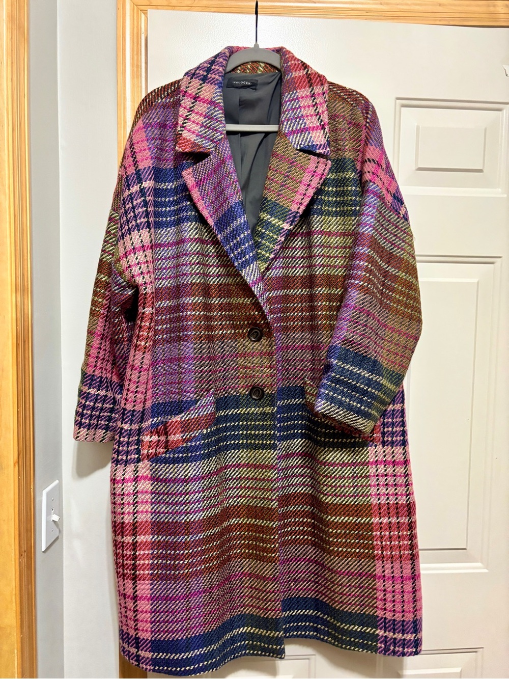 Plaid Wool-Blend Peacoat in Pink Multi by Halogen 1X Like New!